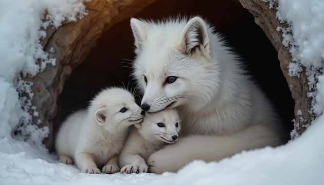 wallpapers A heartwarming scene of a mother Arctic fox cuddling with her two kits in a snowy den. They exhibit a nurturing bond in a serene winter setting. AI generated