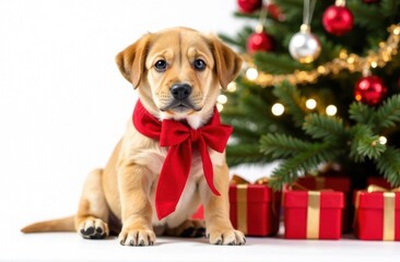 A cute little puppy sits among the presents next to the Christmas tree, white background. Marry Christmas.