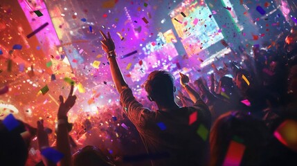 Concert crowd celebrating with colorful confetti in nightclub. Vibrant party atmosphere with...