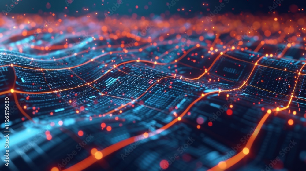 Poster complex network of interconnected nodes and pathways, visualized as a dynamic, undulating landscape,