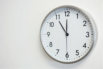 A white clock is prominently hanging on a pristine white wall