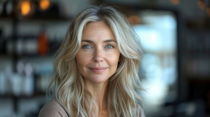 Fototapeta premium Captivating woman with flowing blonde hair and radiant smile enjoying a cozy setting in a modern cafe. Generative AI