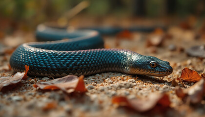 Fototapeta premium wallpapers A stunning blue snake slithers gracefully over a bed of autumn leaves in a forested environment, showcasing its vibrant colors and intricate patterns. AI generated.
