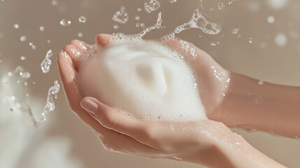 Fototapeta premium Clean hands creating foam in a warm bathroom with soft lighting