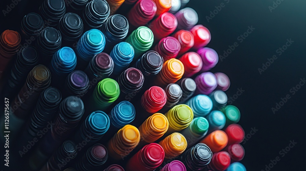 Poster a stack of colorful markers, each one representing a different tool used to bring creative ideas to 