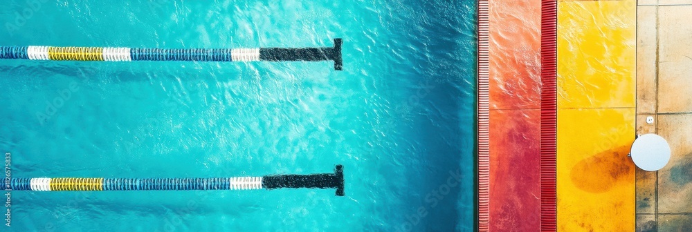 Poster top-down perspective reveals a vibrant swimming pool with clearly marked lanes, inviting for exercis
