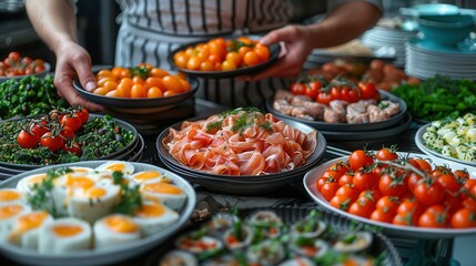 Fototapeta premium Fresh ingredients and vibrant colors create a bountiful display at a bustling market food stall, inviting delightful tastes. Generative AI