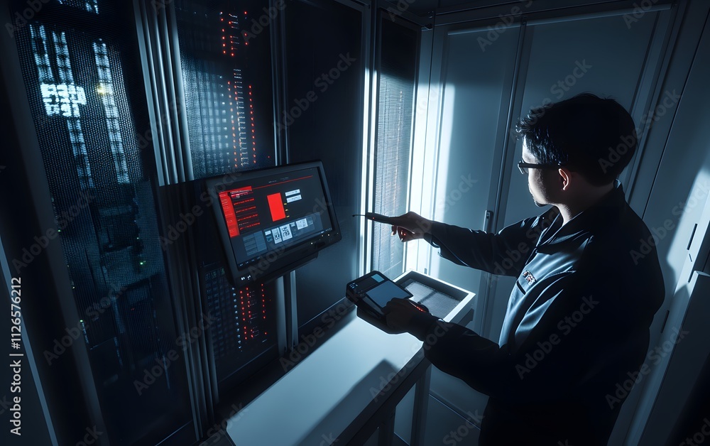 Poster a technician operates a control panel in a data center, managing systems and monitoring status.