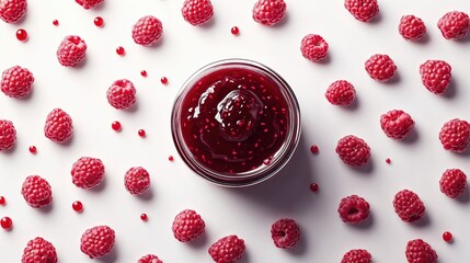 Fresh raspberry jam in glass jar surrounded by whole raspberries on white background. Overhead view...