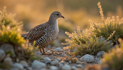 wallpapers A beautiful bird standing on a rocky path surrounded by greenery and sunlight. The scene captures a moment of tranquility in nature. AI generated