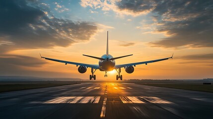 Airplane Landing at Sunset. Concept of Travel, Transportation, and Journey.