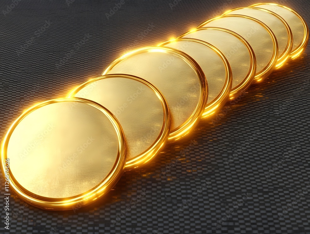 Poster a row of shiny golden coins reflecting light on a textured surface.