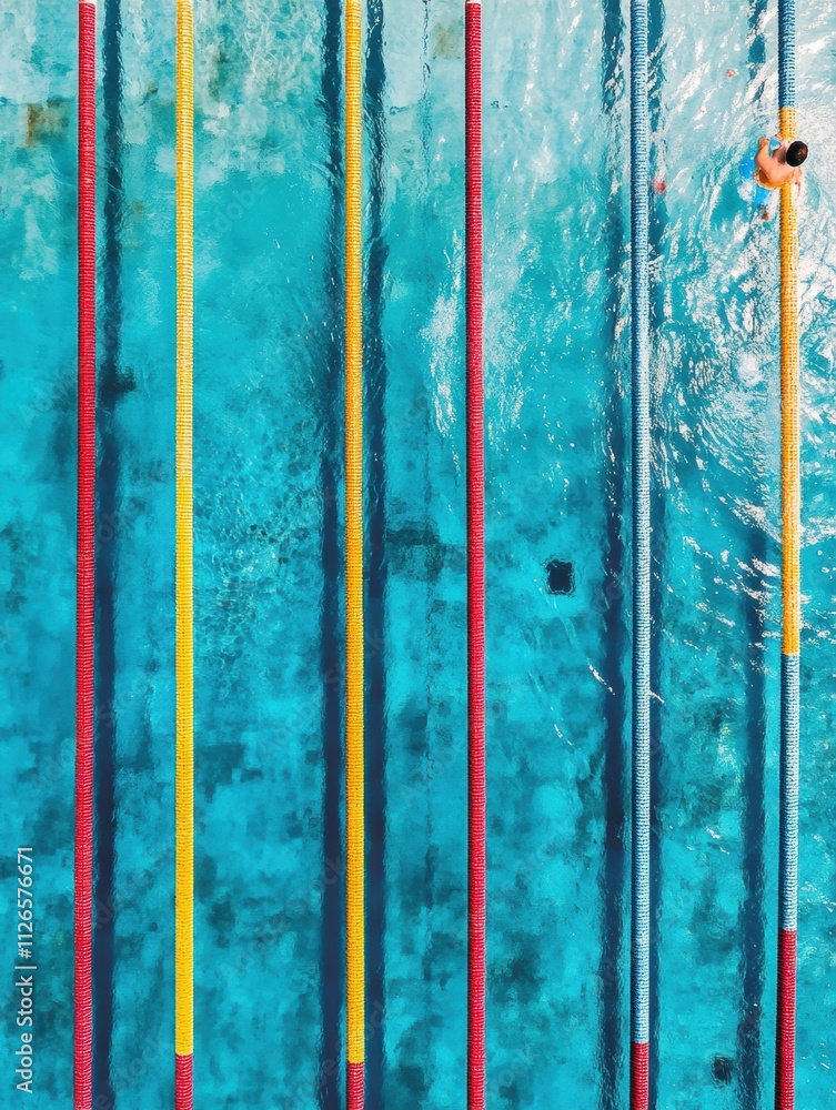 Poster brightly colored swimming pool lanes are visible from above, with a swimmer enjoying the refreshing 