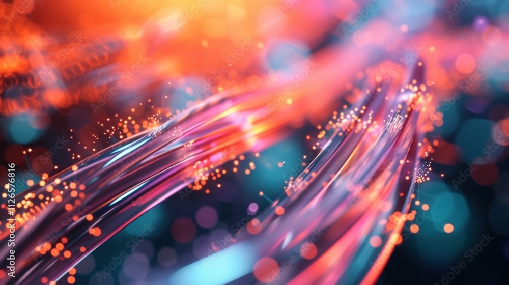 Poster fiber optic cables are glowing and transferring data at high speed, creating an abstract and colorfu