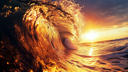 Majestic golden ocean wave at sunset with reflective waters
