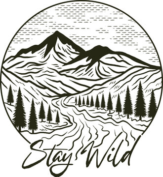 mountain landscape scene in black and white clip art preview