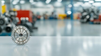 Fototapeta premium Engine Adjustments and Mechanics Repair for Optimal Performance A metallic gear on a table with a factory background, showcasing industrial machinery.