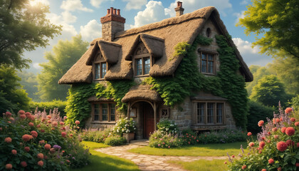 Fototapeta premium wallpapers A picturesque thatched cottage nestled in a vibrant garden full of flowers and greenery, creating a serene and inviting atmosphere. AI generated.