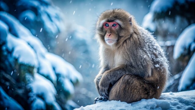 Sad Japanese Snow Monkey, Winter Landscape, Lonely Macaque, Japanese Alps, Wildlife Photography