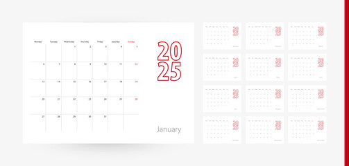 Calendar 2025 in modern design, planner template.