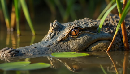Fototapeta premium wallpapers A detailed close up of a crocodile partially submerged in water with green foliage in the background. AI generated.