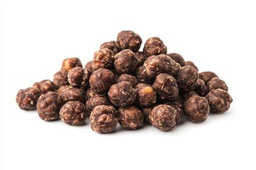 Obraz premium Chocolate coated nuts pile on a white background displaying their rich texture and color