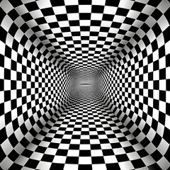Naklejka premium A black-and-white checkerboard pattern features a striking 3D illusion