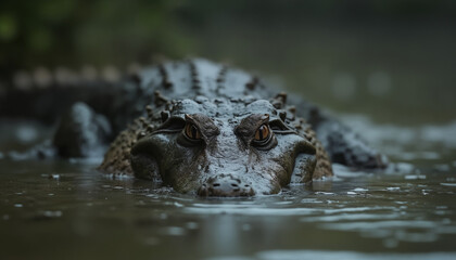 wallpapers A stunning close up of a crocodile swimming in murky water, showcasing its textured skin and piercing eyes. AI generated
