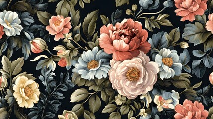 Dark Background Floral Pattern Featuring Roses and Peonies