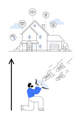 Smart home with interconnected devices man defends against cyber threats. Ideal for cybersecurity, technology, smart home security, IoT, data protection, hacking prevention, innovation. Line metaphor