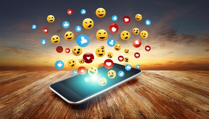 A smartphone on a wooden surface with numerous emojis and heart icons emerging from the screen.