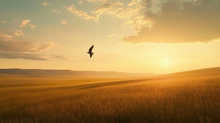 A vast, open prairie with a single bird in the sky, symbolizing freedom, clarity, and a clear sense of purpose.
