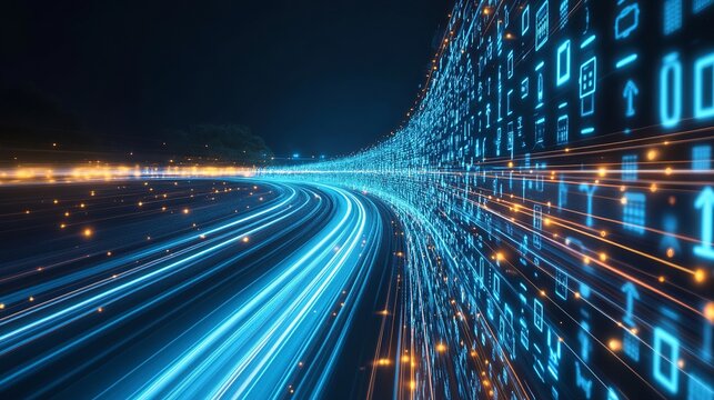 Motion-blurred data streaming on a virtual roadway symbolizes the rapid pace of digitalization. This visual metaphor represents the transformative power of technology, fostering innovation