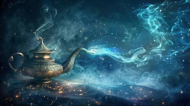 Lamp of Wishes In The Desert - Genie Coming Out Of The Bottle
