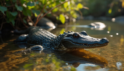 Fototapeta premium wallpapers A majestic crocodile lurking in clear waters surrounded by lush greenery. The image captures the beauty of wildlife in a serene environment. AI generated.