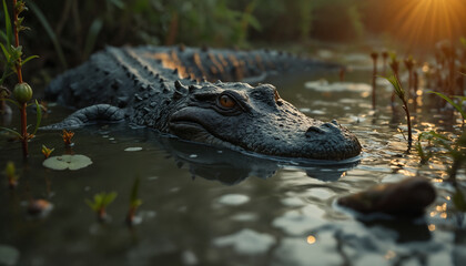 Obraz premium wallpapers A close-up of a crocodile resting in still water, surrounded by plants and reflecting the warm sunlight. AI generated.