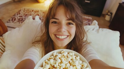 Happy woman with bowl of popcorn taking selfie at home.