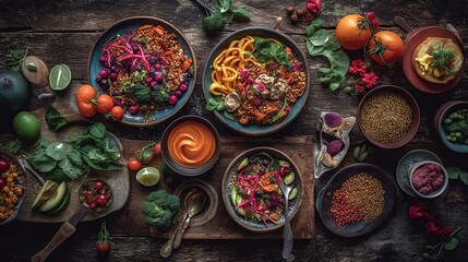 Vibrant Healthy Food Bowls Arranged On Rustic Wooden Table