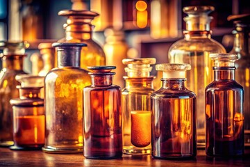 Vintage Medicine Bottles Mockup, Pill Bottles, Pharmacy Label Design, Retro Packaging, Copy Space, Pharmaceutical Product, Old Apothecary Jars
