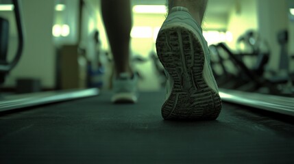 Naklejka premium Close-up of feet on treadmill in gym.