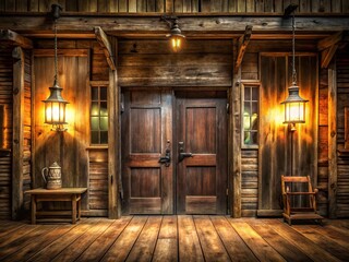 Wild West Saloon Stage: Long Exposure Photography - Rustic Frontier Saloon, Swinging Doors, Weathered Wood, Oil Lamps