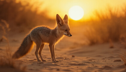 wallpapers A captivating image of a fox standing in the sand at sunset, with warm golden tones illuminating its fur. AI generated