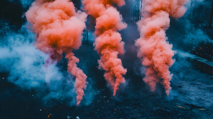 Vibrant orange and blue smoke plumes rise against a dark background, creating a dramatic and artistic image. Ideal for design projects needing a bold, atmospheric touch.