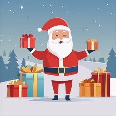 Santa, dressed in his red suit, carries a sack overflowing with colorful gifts, smiling as he prepares to deliver joy and festive cheer to children around the world on a magical Christmas Eve night.