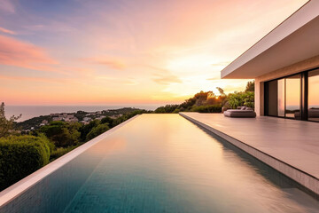Fototapeta premium Modern Italian villa with infinity pool and sunset view