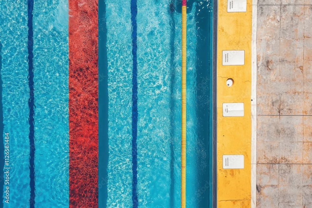 Poster Experience the lively atmosphere of a swimming pool captured from above, showcasing multiple lanes and plenty of room for added text or messaging. Generative AI