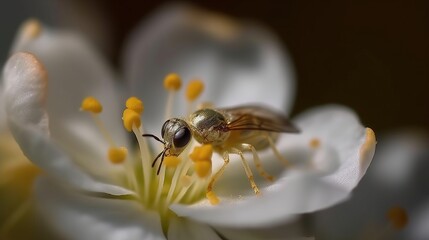 Golden Insect on White Flower Petal Gathering Pollen