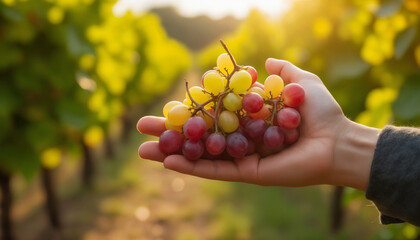 wallpapers A hand holding a bunch of fresh grapes amidst a lush vineyard during sunset. AI generated.