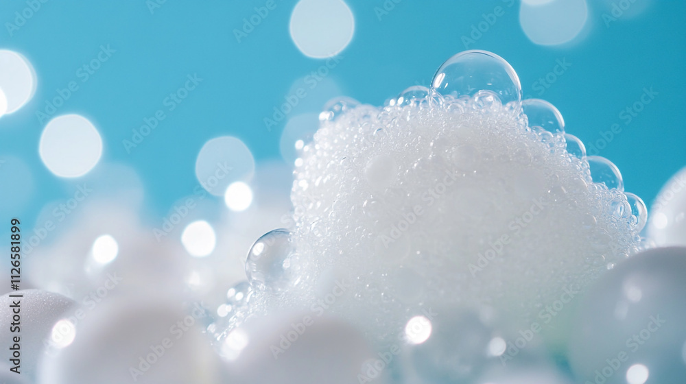 Poster bubbles forming on a soft white surface against a blue background with a dreamy bokeh effect