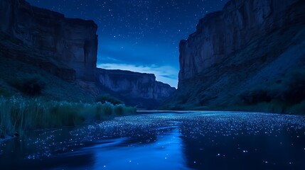 A glistening river under a twilight sky, surrounded by towering cliffs that glow with...